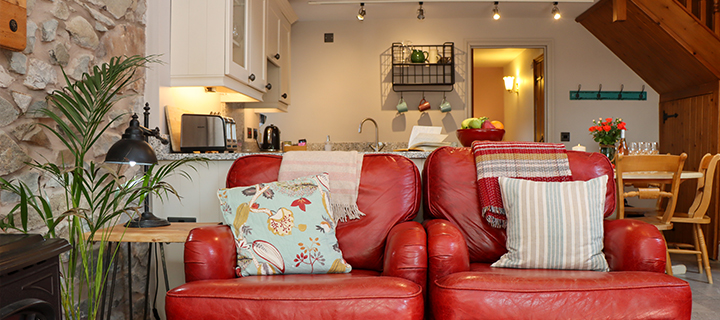 dwy gadair leder coch yn stabal