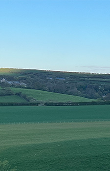Long view of the fields with house and beautiful blue sky in the background