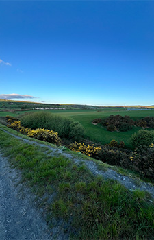 Long view of the beautiful green fields and blue sky