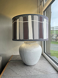 close up of a white lamp with crawia pattern on lampshade